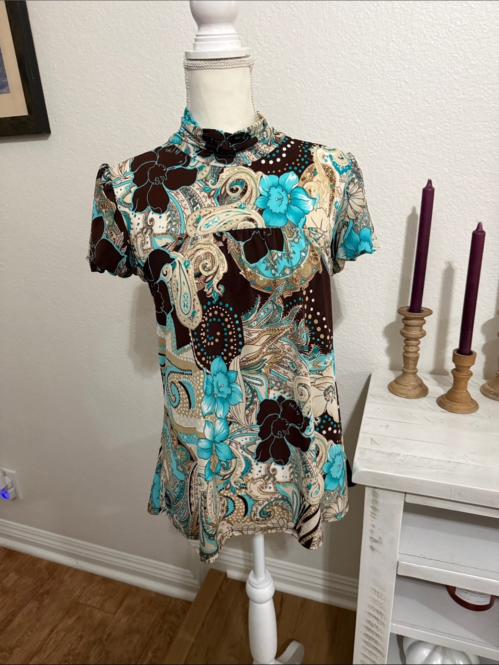Y2k Fairycore Women’s Short Sleeve Floral Paisley Top in Turquoise and Brown